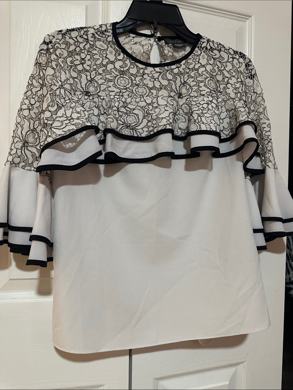 Suzy Shier Black & White Lace Ruffle Blouse